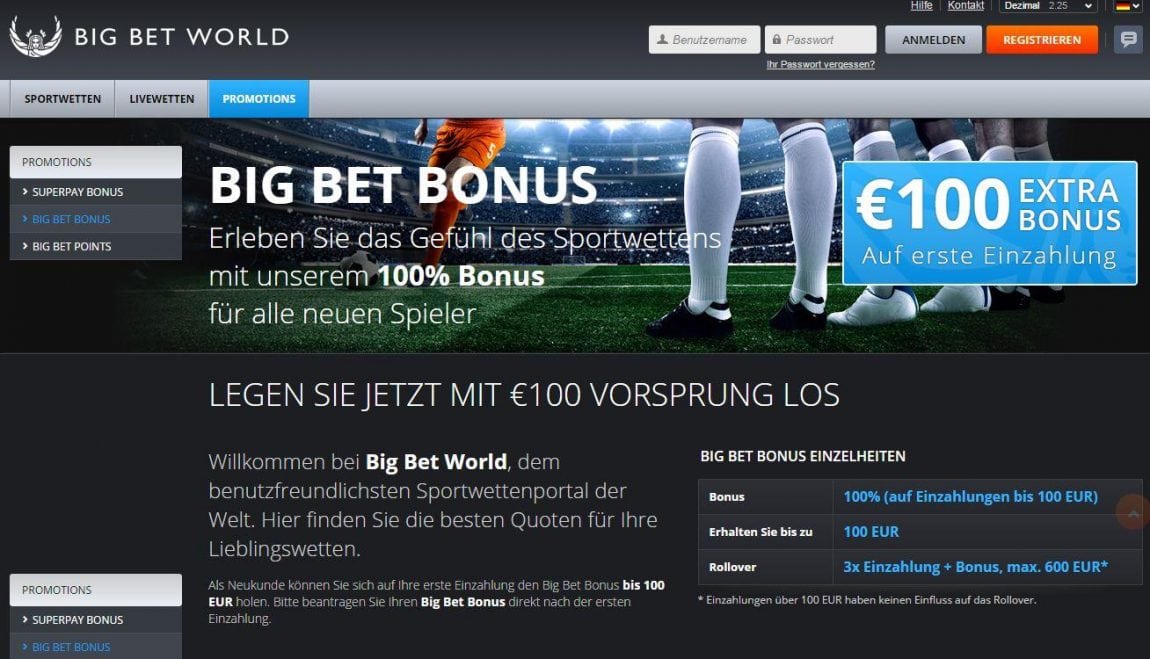Big Bet Bonus - 100% Willkommensbonus I BigBetWorld